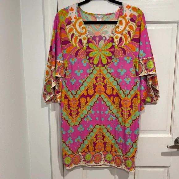 Y2K Trina Turk V-Neck Woodblock Floral Swim Cover-Up Dress - Picture 8 of 13